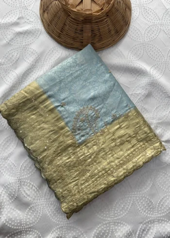 Pastel Sky Blue Pure Kanjivaram Silk Wedding Saree with Gold Zari Weaving Border open folded image