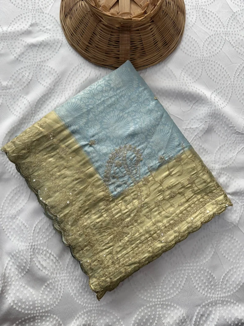 Pastel Sky Blue Pure Kanjivaram Silk Wedding Saree with Gold Zari Weaving Border open folded image