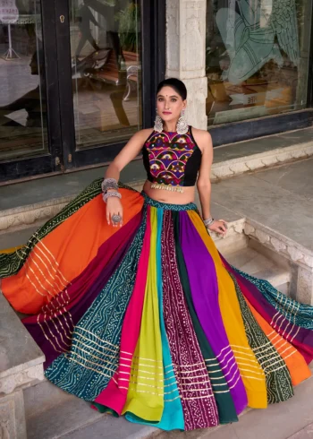 Multicolour Pure Rayon Mirror Work Navratri Lehenga full flair