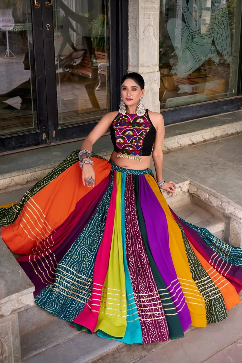 Multicolour Pure Rayon Mirror Work Navratri Lehenga full flair