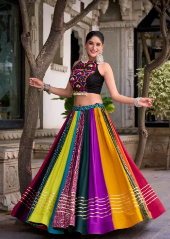 Multicolour Pure Rayon Mirror Work Navratri Lehenga front look