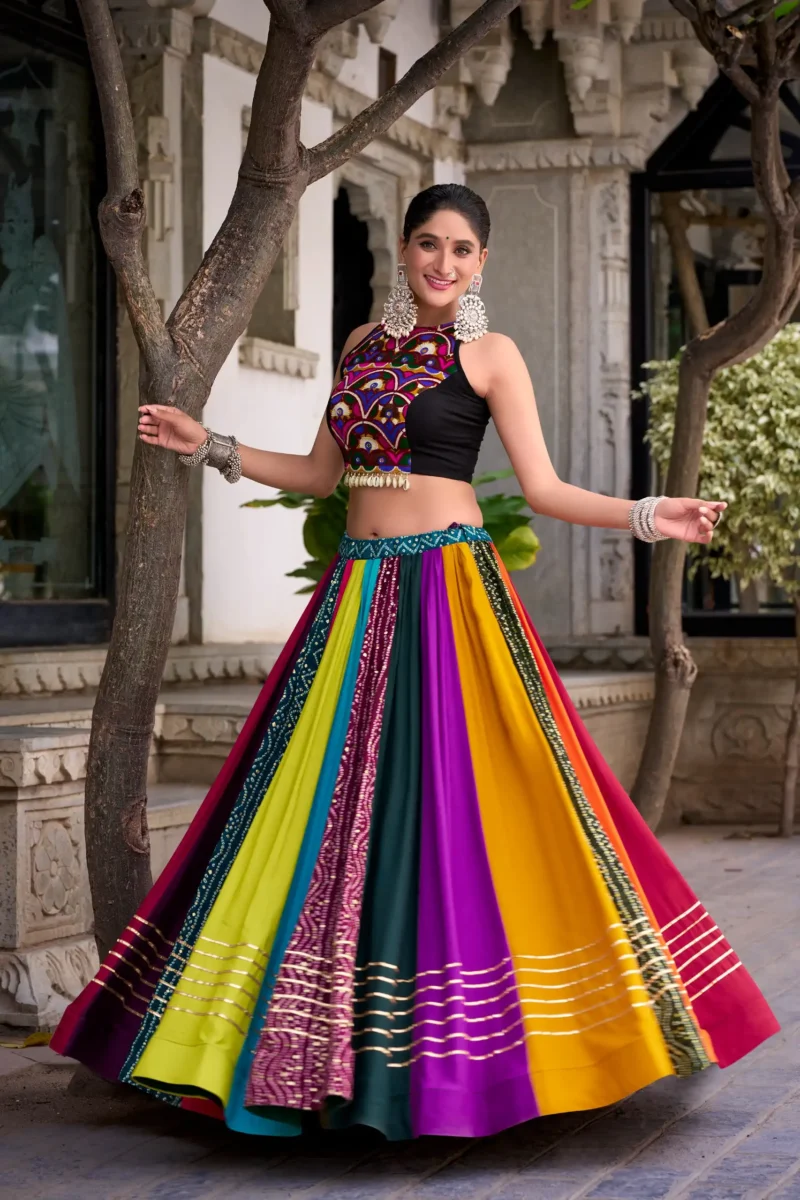 Multicolour Pure Rayon Mirror Work Navratri Lehenga front look