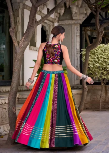 Multicolour Pure Rayon Mirror Work Navratri Lehenga back design