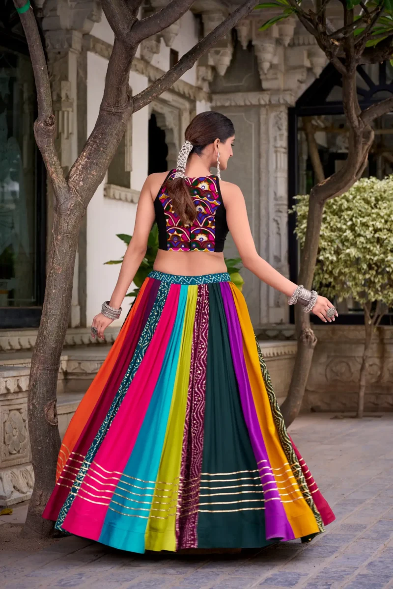 Multicolour Pure Rayon Mirror Work Navratri Lehenga back design