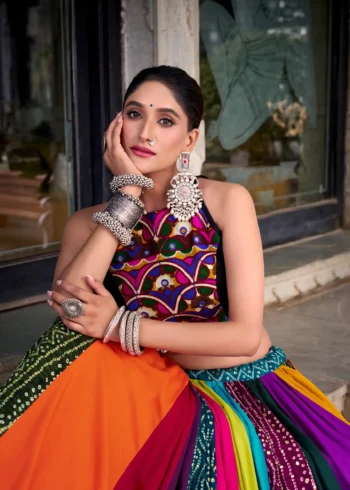 Multicolour Pure Rayon Mirror Work Navratri Lehenga close look