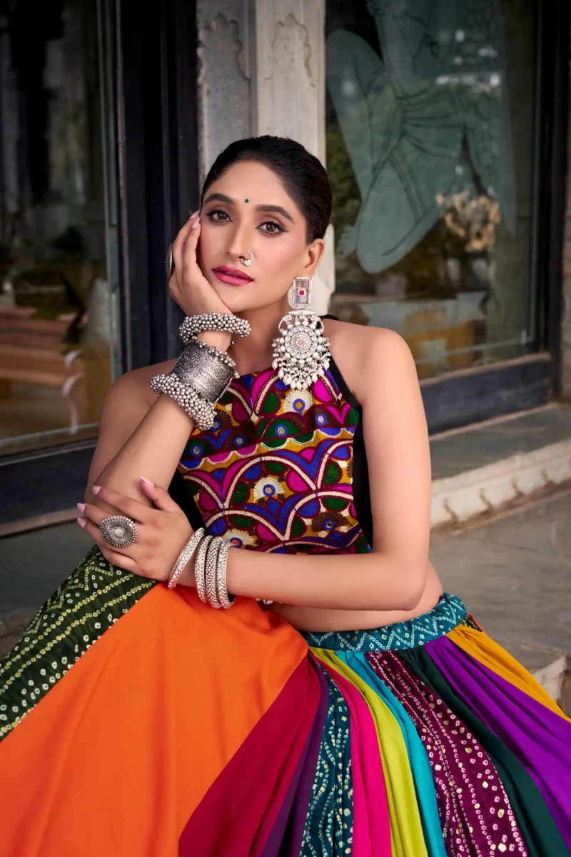 Multicolour Pure Rayon Mirror Work Navratri Lehenga close look