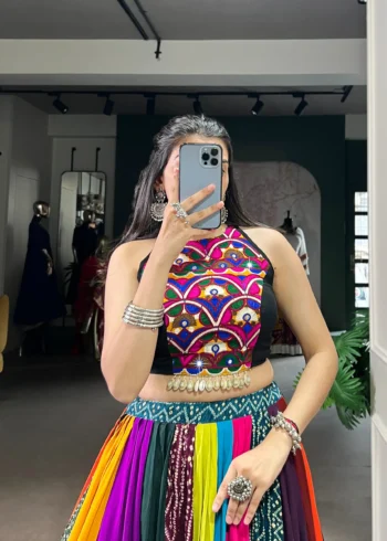 Multicolour Pure Rayon Mirror Work Navratri Lehenga close look