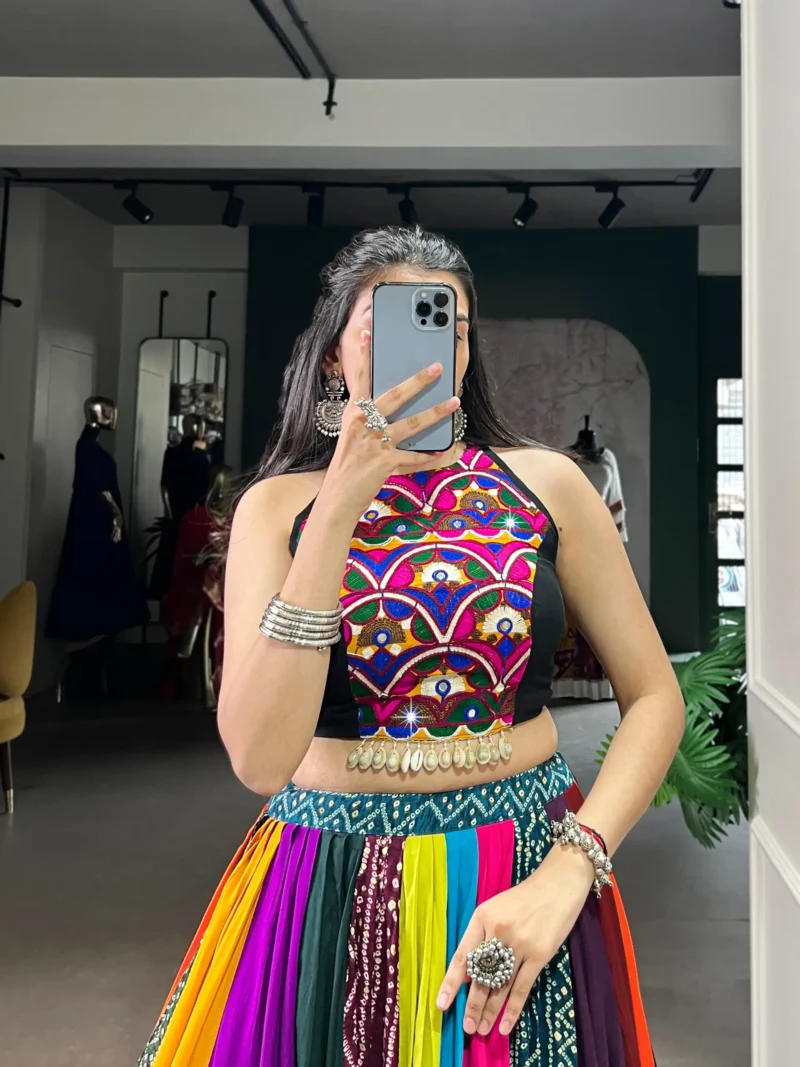 Multicolour Pure Rayon Mirror Work Navratri Lehenga close look