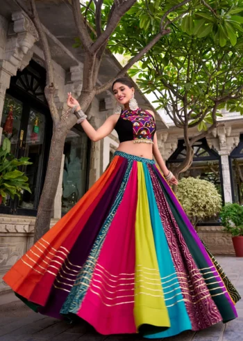 Multicolour Pure Rayon Mirror Work Navratri Lehenga flair