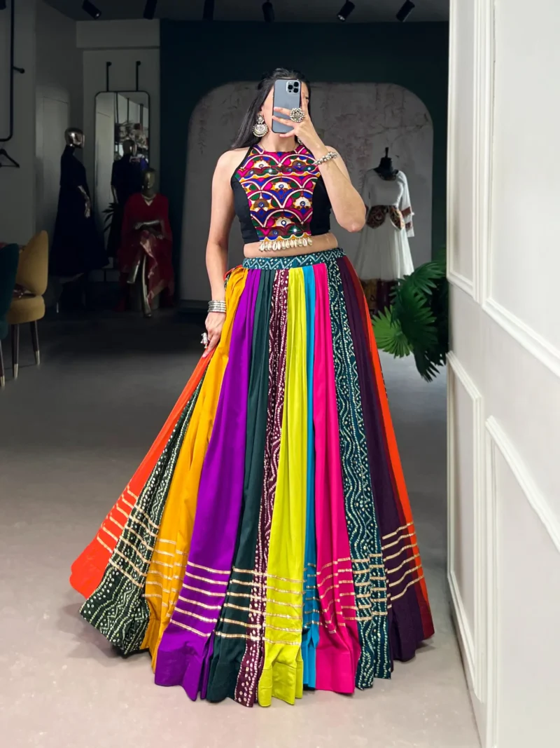Multicolour Pure Rayon Mirror Work Navratri Lehenga front