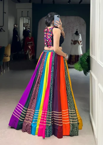 Multicolour Pure Rayon Mirror Work Navratri Lehenga back look