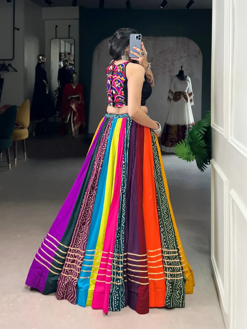 Multicolour Pure Rayon Mirror Work Navratri Lehenga back look