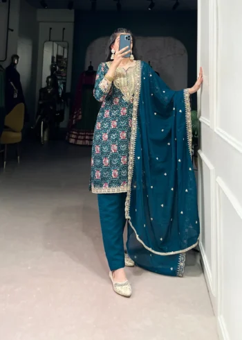 Pure Rayon Salwar Suit with Sequins Embroidery and Organza Dupatta front design