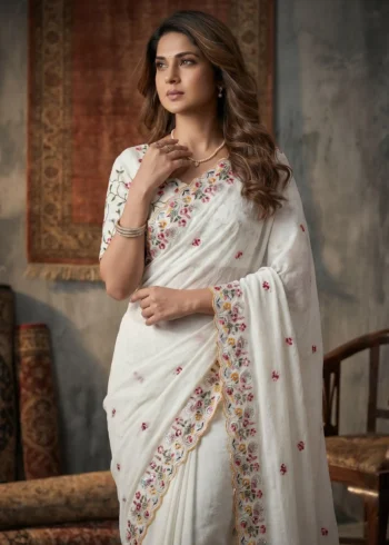 Pure White Crush Silk Party Wear Saree close front