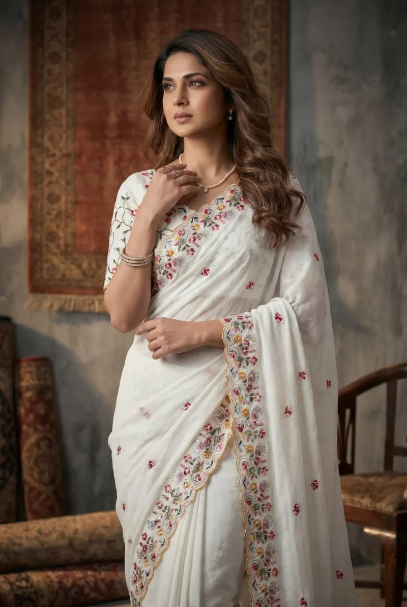Pure White Crush Silk Party Wear Saree close front