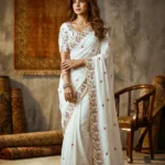 Pure White Crush Silk Party Wear Saree front design