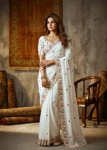 Pure White Crush Silk Party Wear Saree front design
