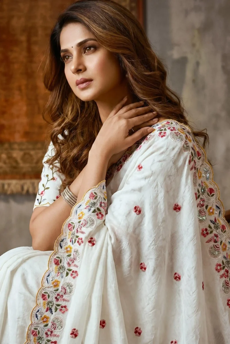 Pure White Crush Silk Party Wear Saree close look