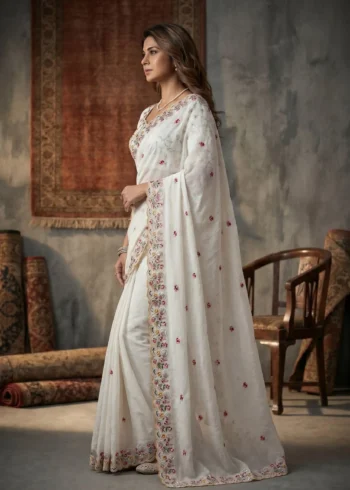 Pure White Crush Silk Party Wear Saree side look