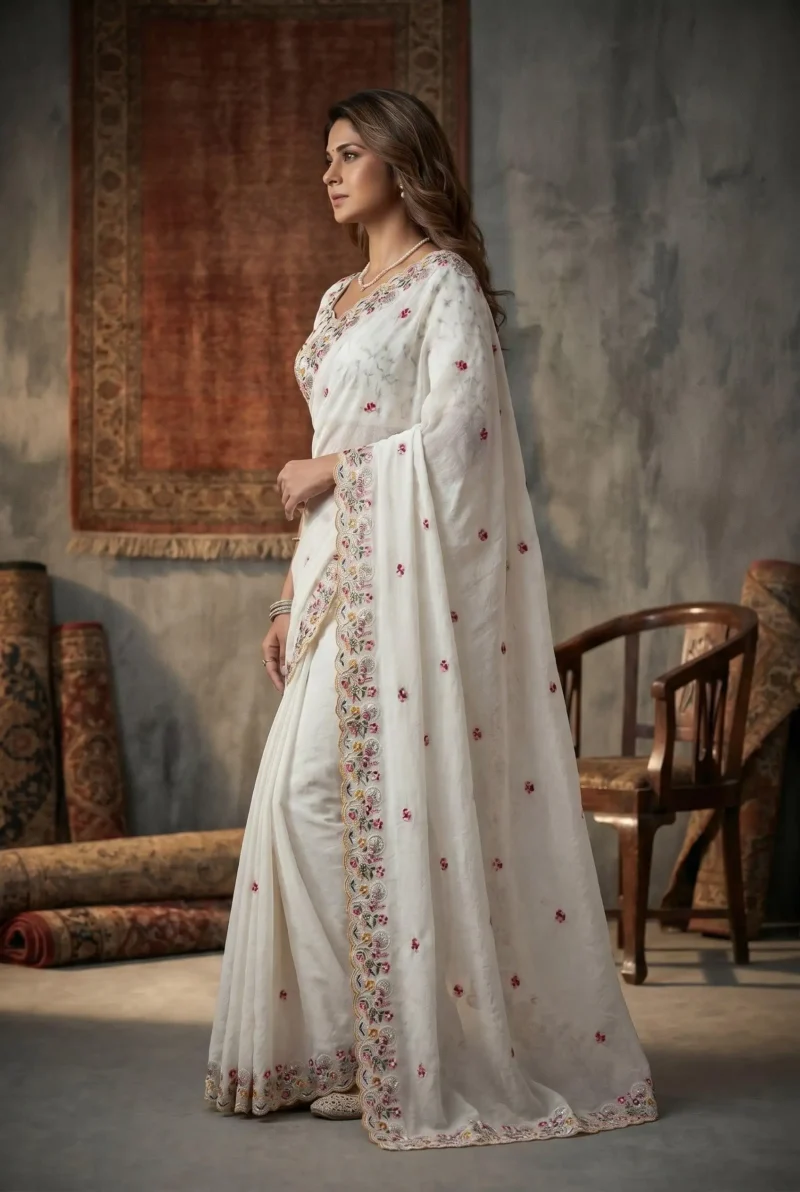 Pure White Crush Silk Party Wear Saree side look