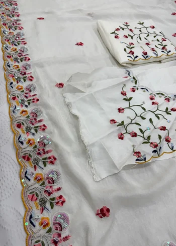 Pure White Crush Silk Party Wear Saree border work live