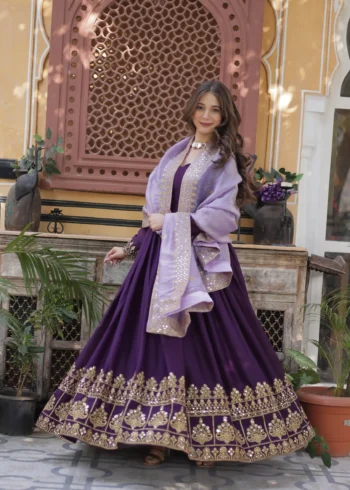Purple Star Georgette Designer Wedding Gown with Sequins Embroidery