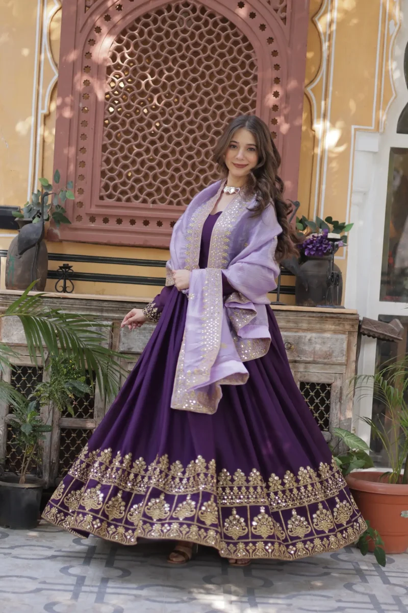 Purple Star Georgette Designer Wedding Gown with Sequins Embroidery