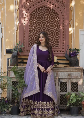 Purple Star Georgette Designer Wedding Gown with Sequins Embroidery full front look