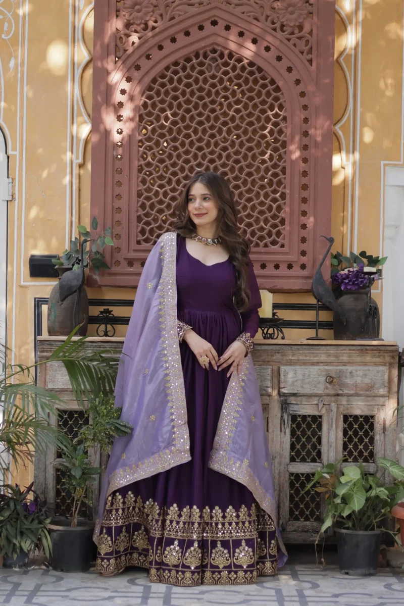 Purple Star Georgette Designer Wedding Gown with Sequins Embroidery full front look