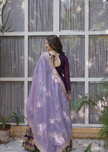 Purple Star Georgette Designer Wedding Gown with Sequins Embroidery back design
