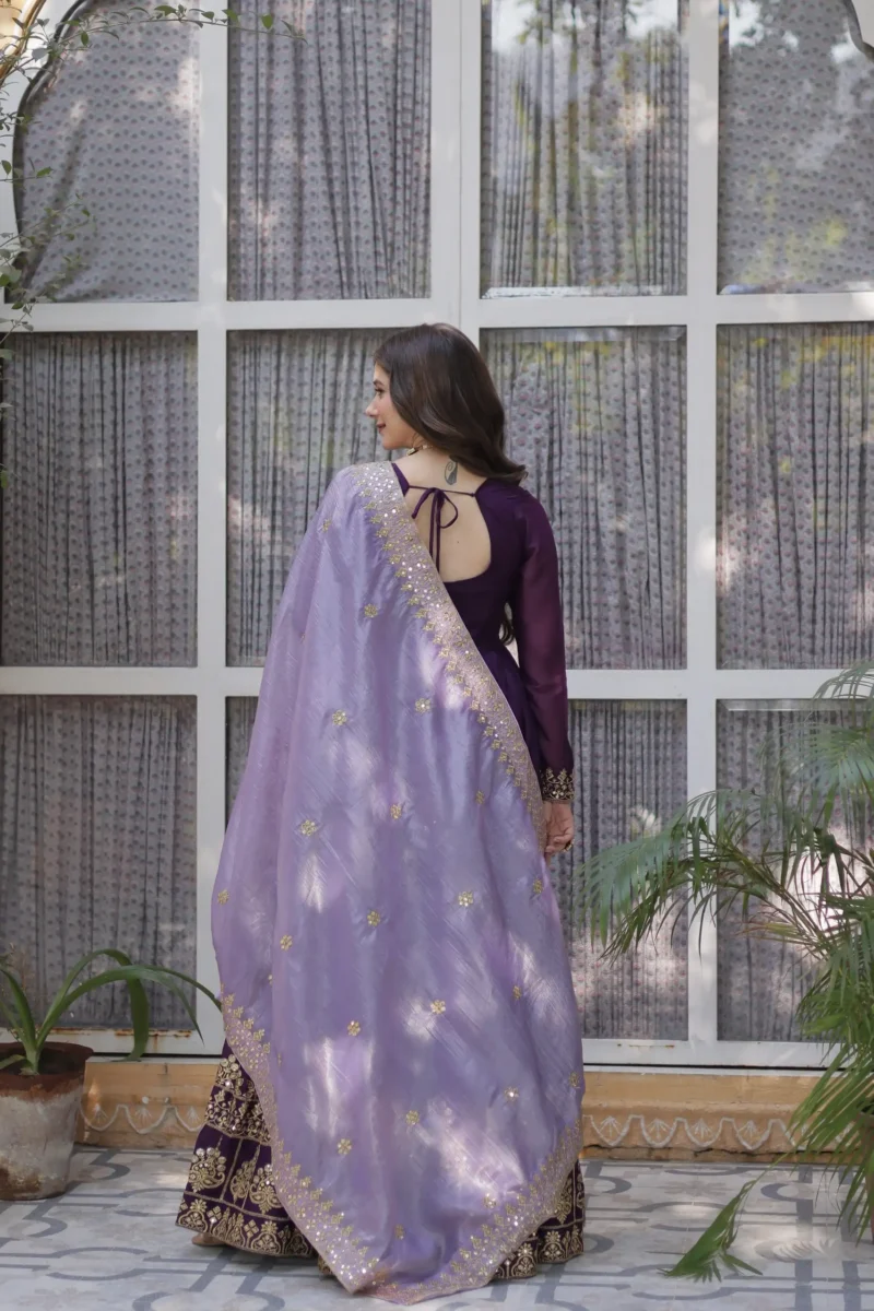 Purple Star Georgette Designer Wedding Gown with Sequins Embroidery back design