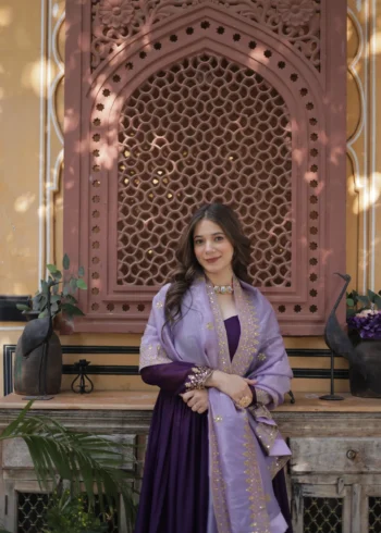 Purple Star Georgette Designer Wedding Gown with Sequins Embroidery close look