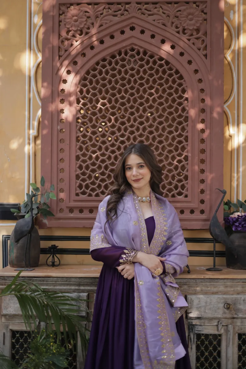 Purple Star Georgette Designer Wedding Gown with Sequins Embroidery close look