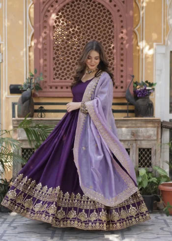 Purple Star Georgette Designer Wedding Gown with Sequins Embroidery flair look