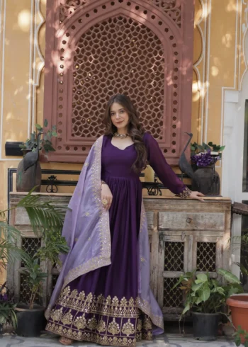 Purple Star Georgette Designer Wedding Gown with Sequins Embroidery