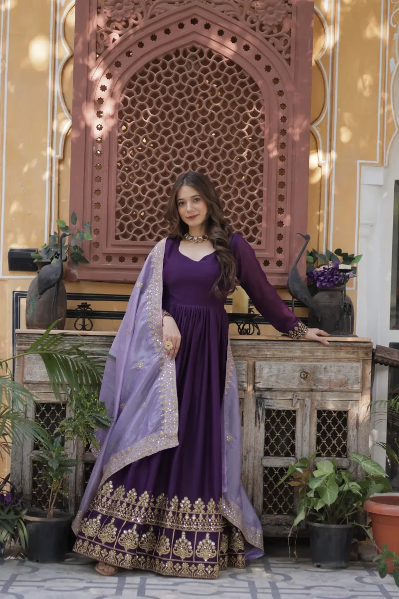 Purple Star Georgette Designer Wedding Gown with Sequins Embroidery