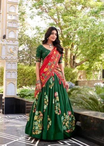 Green Tasar Silk Printed South Indian Lehenga with Foil Work
