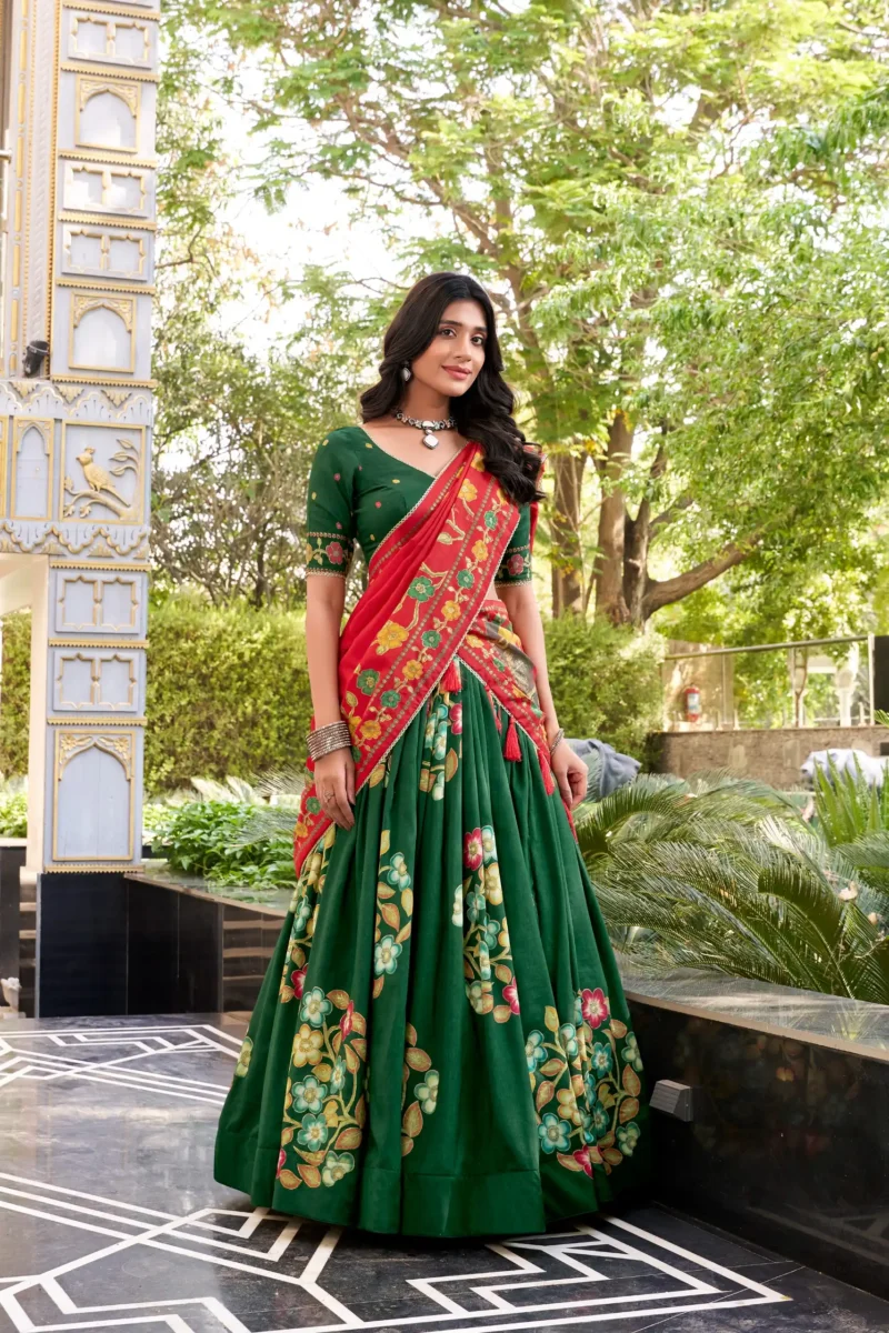 Green Tasar Silk Printed South Indian Lehenga with Foil Work