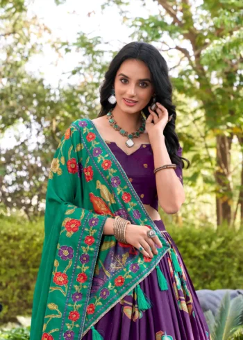 Purple Tasar Silk Printed South Indian Lehenga with Foil Work close look