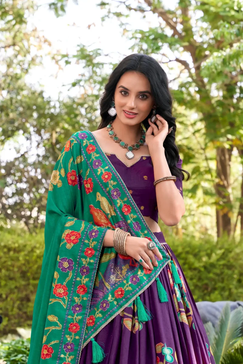 Purple Tasar Silk Printed South Indian Lehenga with Foil Work close look