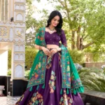 Purple Tasar Silk Printed South Indian Lehenga with Foil Work front look