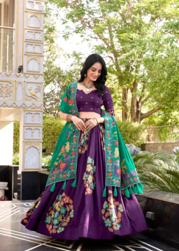 Purple Tasar Silk Printed South Indian Lehenga with Foil Work front look