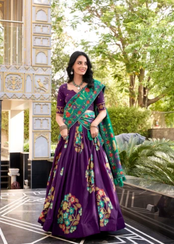 Purple Tasar Silk Printed South Indian Lehenga with Foil Work
