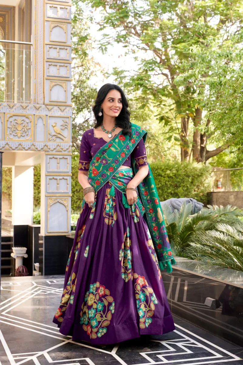 Purple Tasar Silk Printed South Indian Lehenga with Foil Work