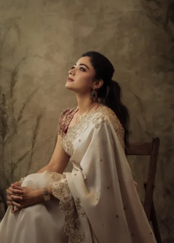 Rashmika Mandanna Inspired Bollywood Style Rangoli Silk Designer Saree close look