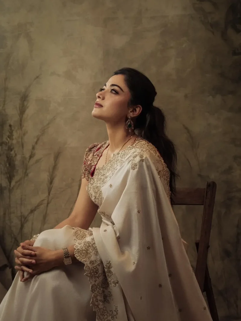 Rashmika Mandanna Inspired Bollywood Style Rangoli Silk Designer Saree close look