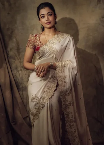 Rashmika Mandanna Inspired Bollywood Style Rangoli Silk Designer Saree front look