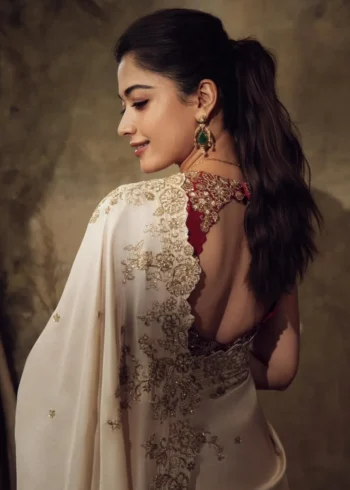 Rashmika Mandanna Inspired Bollywood Style Rangoli Silk Designer Saree back design