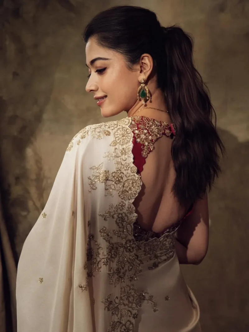 Rashmika Mandanna Inspired Bollywood Style Rangoli Silk Designer Saree back design