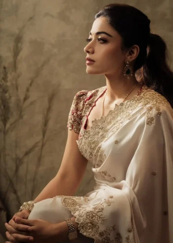 Rashmika Mandanna Inspired Bollywood Style Rangoli Silk Designer Saree close look